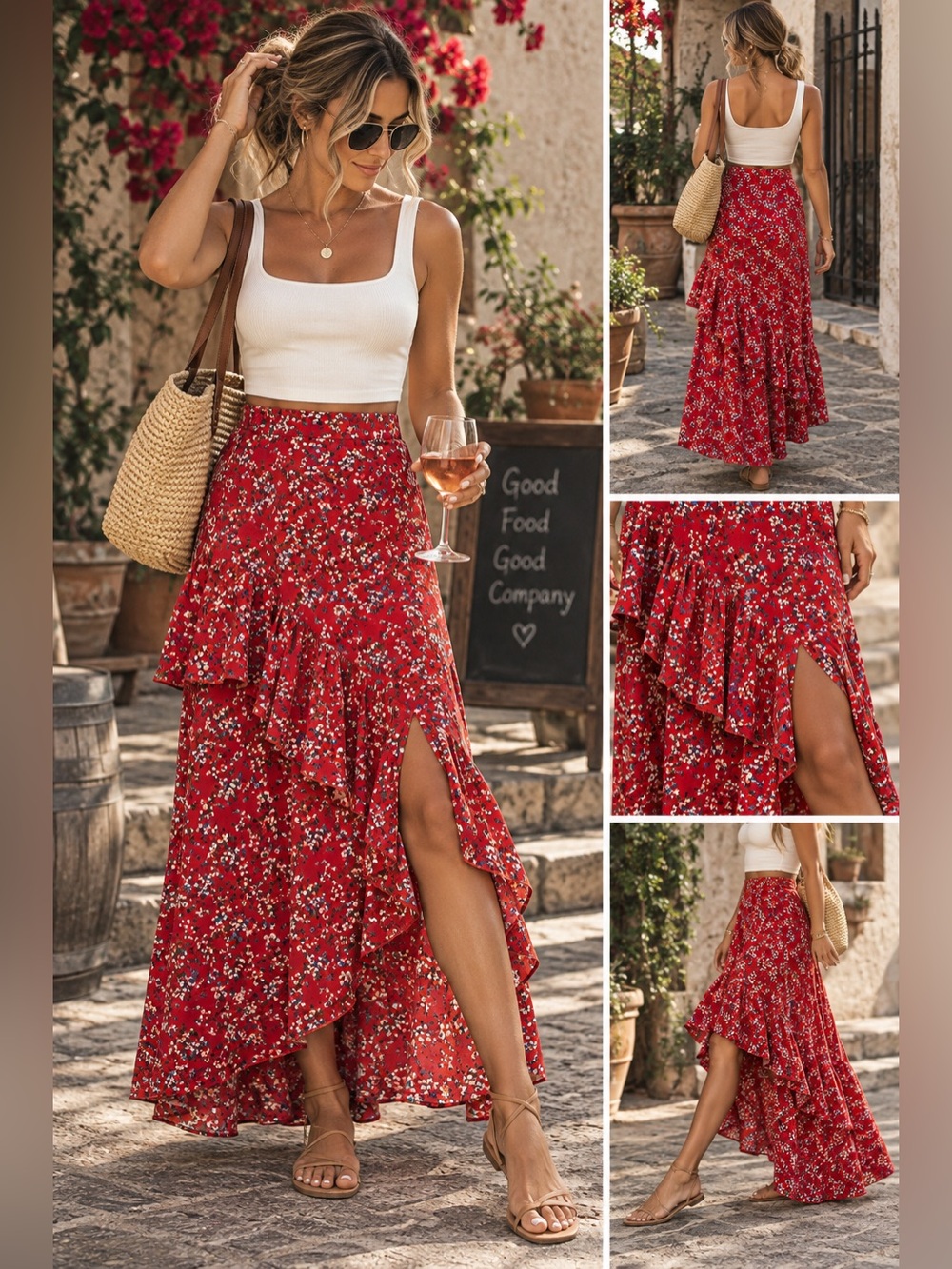 Red Floral Ruffle Maxi Skirt Small High Low Side Slit Boho Flowy